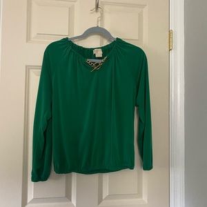 Emerald green top with gold chain neckline with toggle